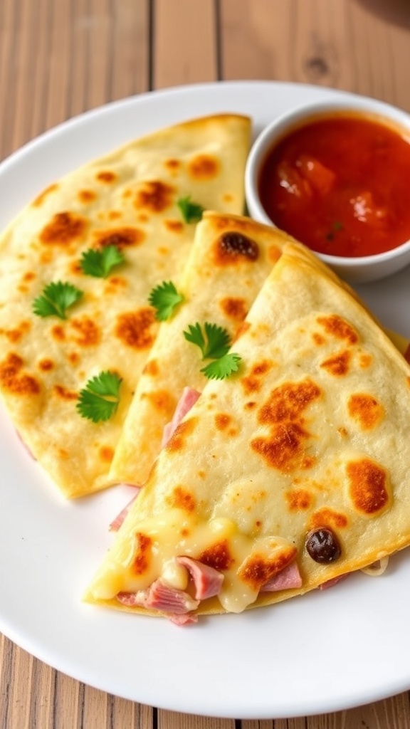 Ham and Cheese Tortillas Recipe Golden-brown ham and cheese tortillas on a plate with salsa, garnished with cilantro.